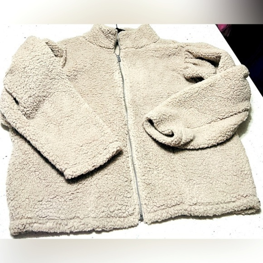 EXPRESS| Sherpa Fleece‎ Puff Sleeve Neutral/Tan Zip-Up Cozy Jacket Womens XL